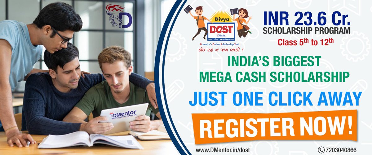 dmentorin's tweet photo. India's #Mega #Cash #Scholarship Program of INR 23.6 Cr by https://t.co/cuMfWtFw6a in association with #DivyaBhaskar, for Class 5th to 12th #students, #Register Today and win scholarship for 1 year to 4 years. #dmentor #divyadost #india #exam #Competition https://t.co/HrxnxHJrHO https://t.co/8rswlx9mpN