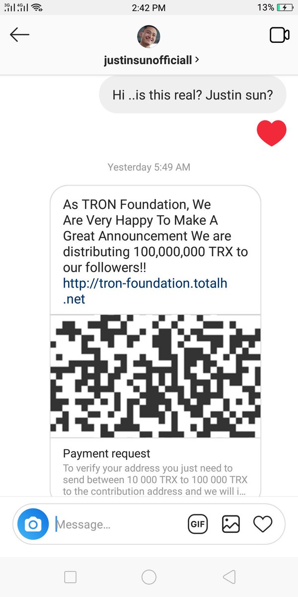 alexcimacio's tweet photo. @Tronfoundation @justinsuntron Look someone on instagram is scamming people disguising as justin sun.... https://t.co/xF1VenriwO