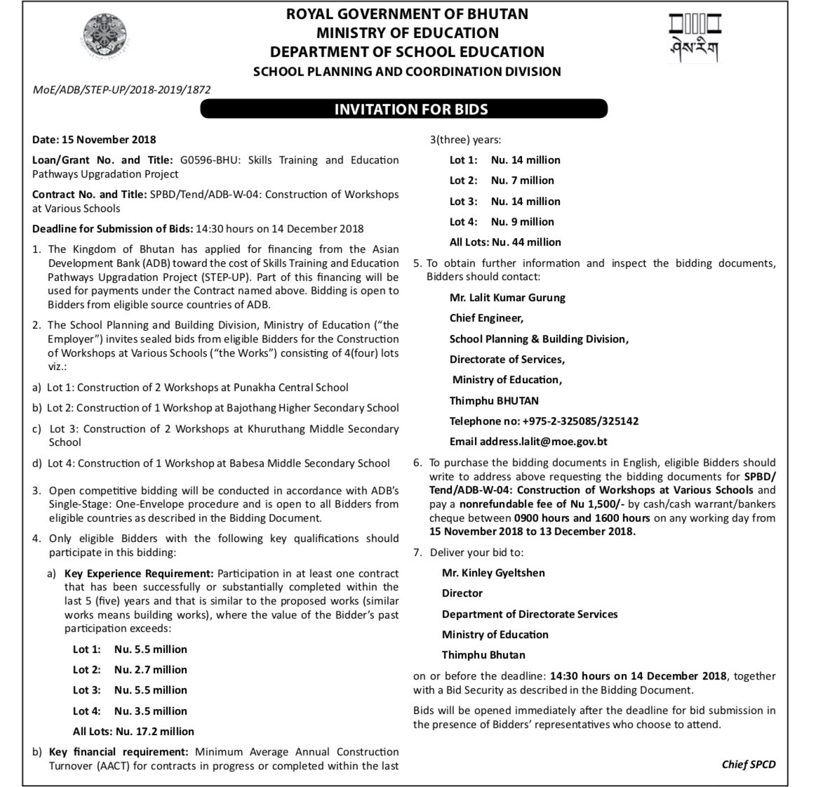 thebhutanese's tweet photo. Invitation for Bids by Department of School Education under the Ministry of Education. #TheBhutaneseads https://t.co/5qzp6fmOi5
