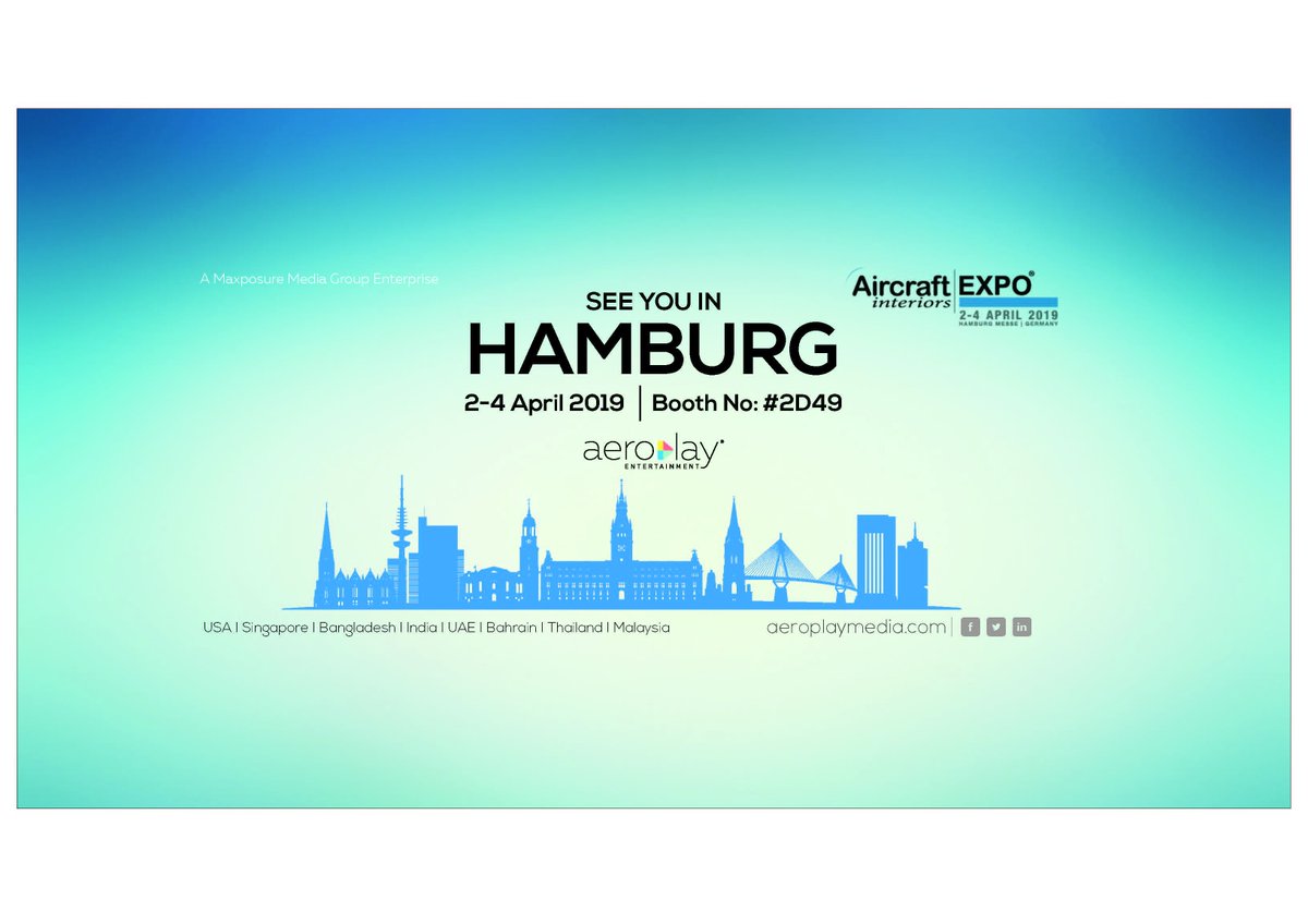aeroplayent's tweet photo. Meet us in #hamburg - Germany between 2-4 April 2019. Booth No: #2D49 #germany🇩🇪 #aircraftinteriorsexpo2019
#maxposuremedia #expo #inflightentertainment https://t.co/2wL8oCw91h https://t.co/yxFvPIPXtR