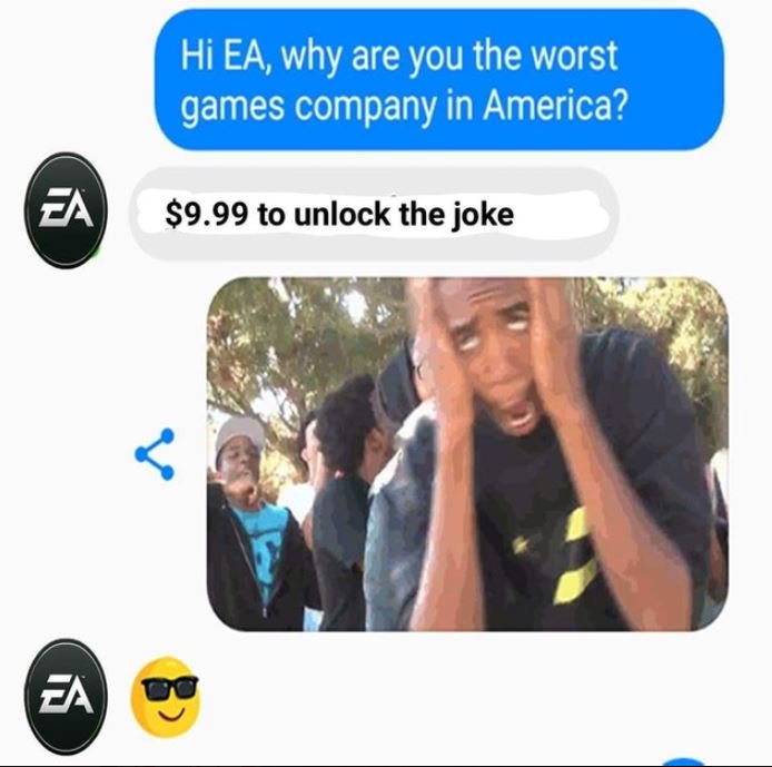 5stripesgaming's tweet photo. Gaming Meme of the Day - EA Chat trollt sich selbst :D Sicher Fake, aber witzig wärs !
#Gaming #Meme #Funny #Morningmotivation #EAChat #Chat https://t.co/gRCtrFglZv
