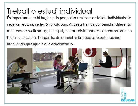 Com podem dotar les aules d'espais de treball individual? quina disposició del mobiliari ens hi ajuda? quin tipus d'il·luminació és la més adient?