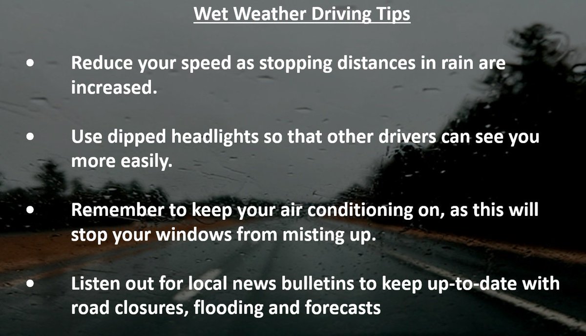 Severe weather warnings have been issued for the rest of the week. Overall you want to be extra cautious in wet weather. Slow down, avoid hard braking and allow safe stopping distance between you and the cars in front of you. Be safe when driving! <a href="/RoadSafetyWales/">Road Safety Wales</a> <a href="/THINKgovuk/">THINK! Road Safety</a>