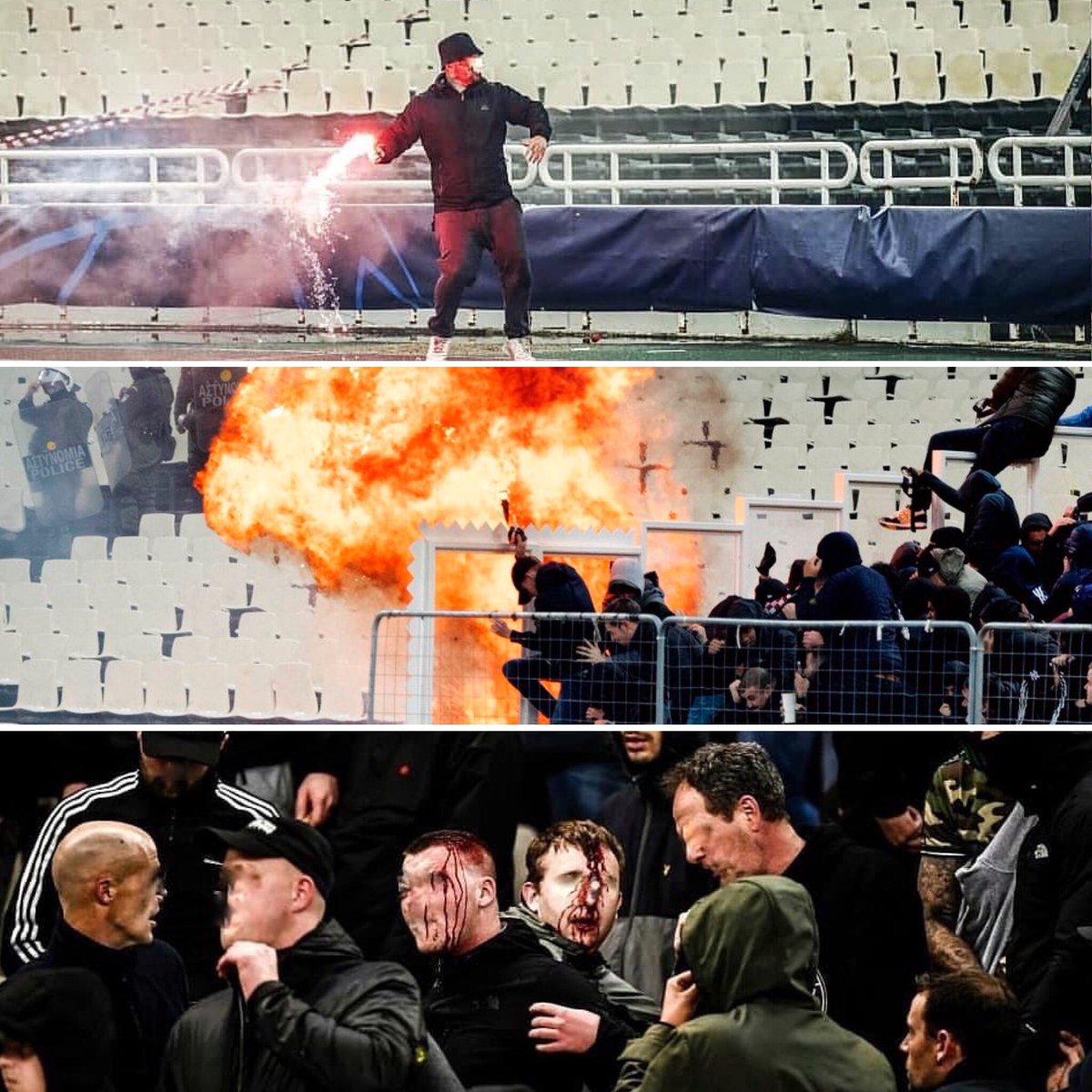 AEK fan ran to the away end and launched a molotov cocktail at the Ajax fans/
100% балканский стиль.. Фанат АЕКа сдаёт норматив по метанию Молотова на выездной сектор Аякса 27.11.2018 🇬🇷 /
#ultras #hooligans tifo #aek #original21 #ajax #afca #fside
