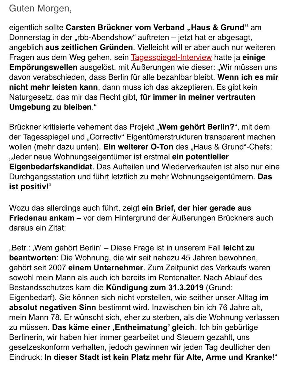 LorenzMaroldt's tweet photo. Berlin, 2018: 44 Jahre haben sie in ihrer Friedenauer  Mietwohnung gelebt, dann wechselte der Eigentümer, jetzt sollen sie raus: Eigenbebarfskündigung. Er (78) will lieber sterben, sie (76) sagt: „In dieser Stadt ist kein Platz mehr für Alte, Arme und Kranke!“ #Checkpoint https://t.co/UiZ3Aj5NtX