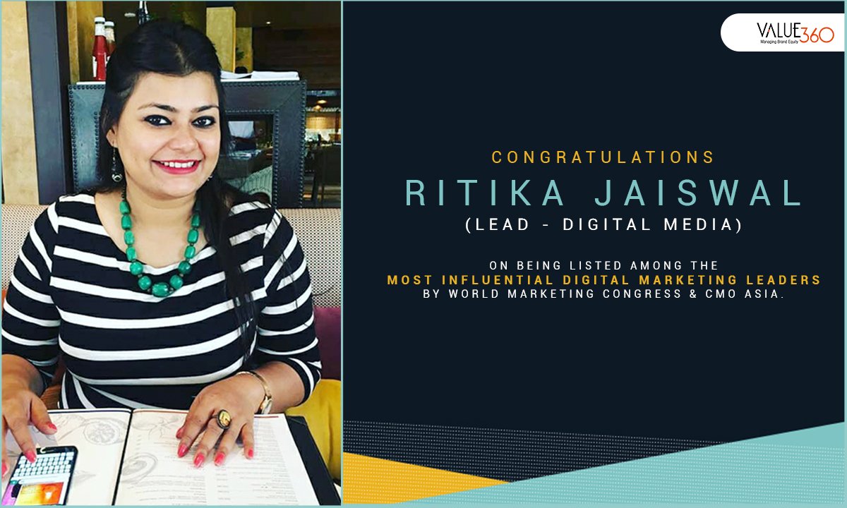 value_360's tweet photo. Congratulations Ritika Jaiswal on being listed among the Most Influential #DigitalMarketing Leaders by World Marketing Congress & CMO Asia.
#ProudMoment #Value360Communications https://t.co/cY6BoZ6t9m
