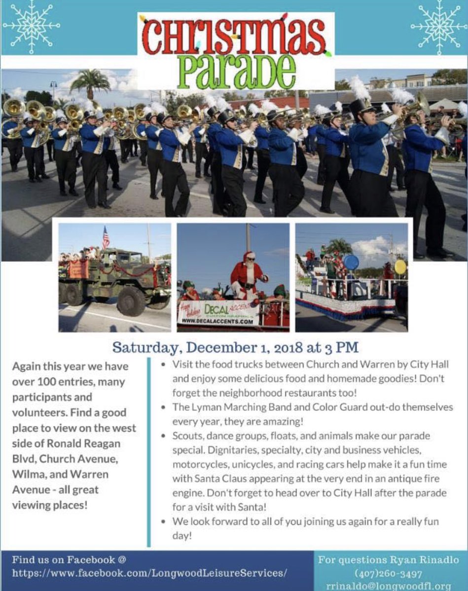 LongwoodFL's tweet photo. 3 days left until the Longwood Annual Christmas Parade!!! Remember that parade float sign in is at 1pm between 12th &amp; 14th Avenue on Ronald Reagan Blvd. Line up will start at 2pm and the parade will officially start at 3pm. https://t.co/mYokZen6dU