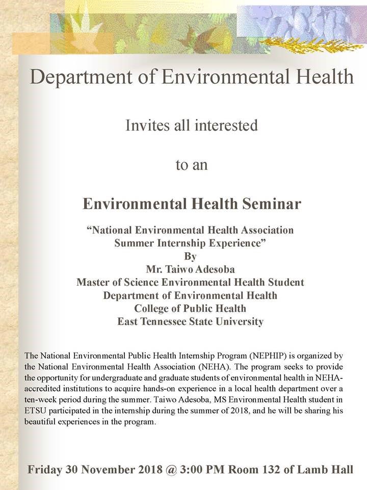 Students please join the Environmental Health Department for the Fall Seminar Series THIS FRIDAY!