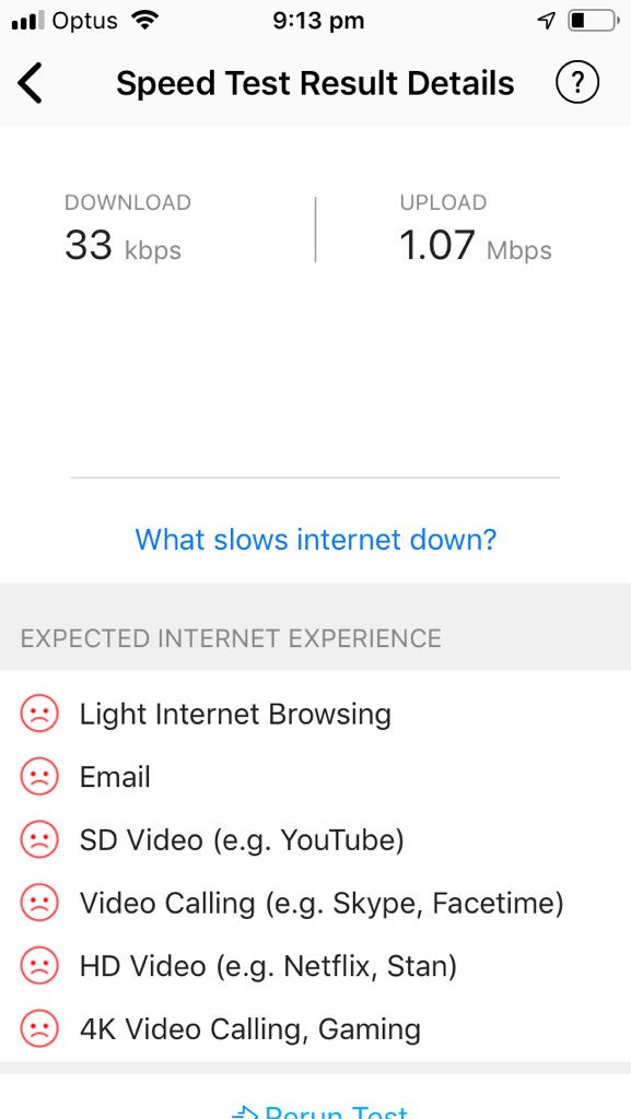 hullabaloo2's tweet photo. @Telstra nbn connected yesterday. No viable service last night or tonight. Speed measured in kbps. >20 mins wait for technical support. Fed up - no internet and no help. Thanks Telstra! https://t.co/41h6jxivL9