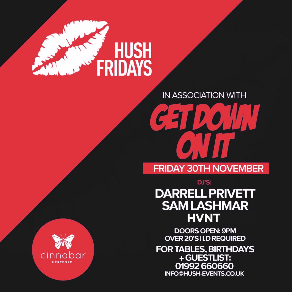THIS FRIDAY IN HERTFORD...

Looking forward to teaming up with <a href="/GETDOWNONITUK/">GET DOWN ON IT</a> and it’s looking extra special! 2 Floors of music! 💥

Catch DJ’s <a href="/DarrellPrivett1/">Darrell Privett</a> <a href="/Sam_Lashmar/">Sam</a> <a href="/NellesThe1st/">Hereforrants</a> from 9pm until 2am! 🔥

Birthdays/Tables: 01992 660660 🍾