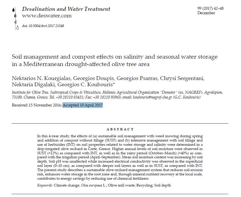 Soil management and compost effects on salinity and seasonal water storage in a Mediterranean drought-affected olive tree area. 
deswater.com/DWT_abstracts/…