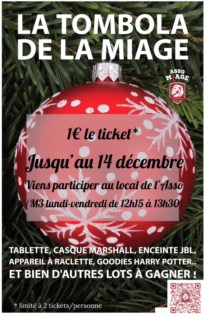 Miagistes,
À l’approche de Noël, nous organisons une tombola rien que pour vous ! Venez chercher vos tickets au local le midi ou sur le site spark.adobe.com/page/qiLPj96jd… pour les flemmards ! Alors, qui sera gâté cette année ? 🎅🎁