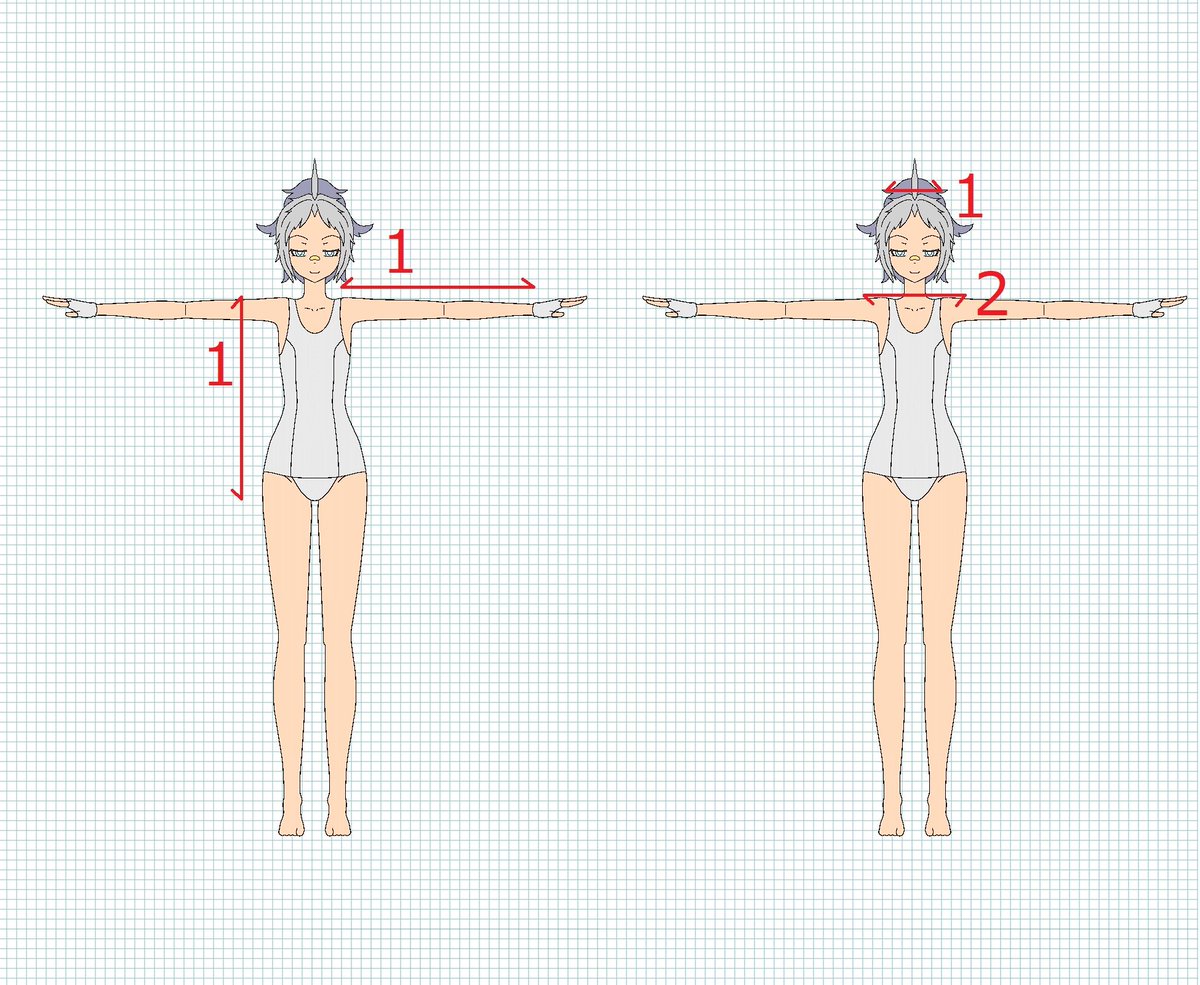 福本良介 ホロモン Twitterissa 三面図の作成と身体の比率 1 Vrやmrで栄える体型は7頭身以上 2 キャラの中心は股下 3 肩から股下と肩から手首の長さは同じ 4 顔の幅と比べて肩幅は約2倍 5 顔と首の長さの比率は3 1 6 上腕と下腕の比率は同じではない 三面図は