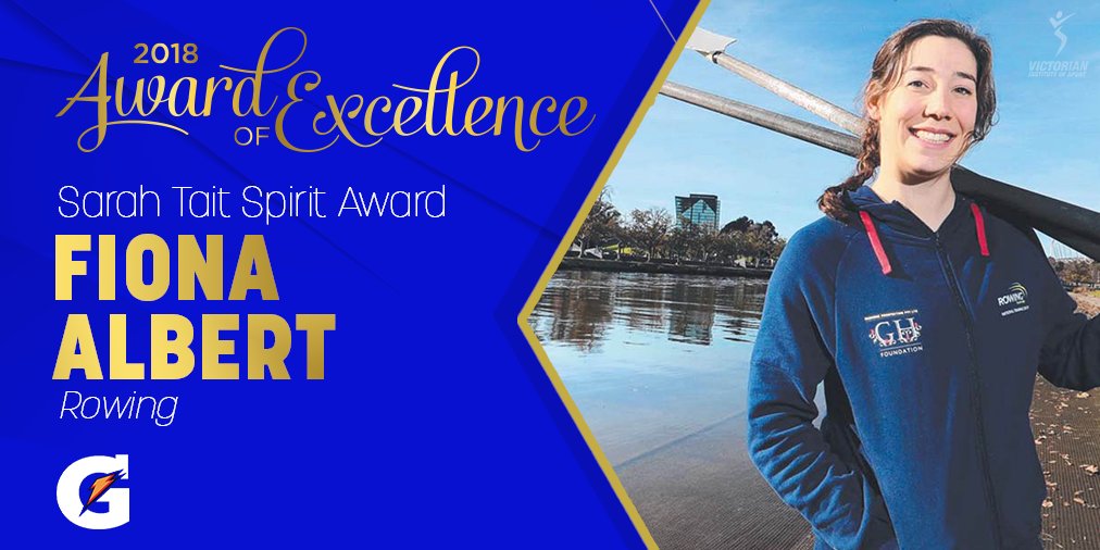 VicInstSport's tweet photo. This very special Sarah Tait Award proudly presented by @Gatorade goes to none other than @fi_albert. Fiona, optimising the philosophy of the VIS' motto "Success in the Sport of Life' has overcome many obstacles along the way and is a very deserving winner. #AOE2018 https://t.co/5thS0KWIaQ