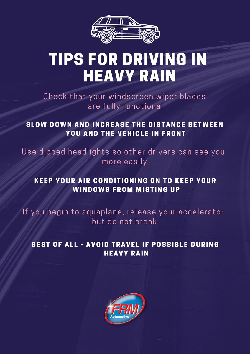 Heavy rain can be heavy on the nerves. Here are some tips to consider when before heading out in your car during heavy rain!

Stay safe, from all of us at FRM Automotive 🚓 🚙 🚗 

#itsraining #itspouring #cars