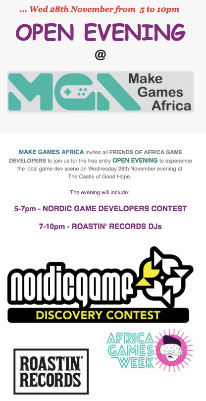 If you missed the Memo for tickets for <a href="/AfricaGamesWeek/">AfricaGamesWeek</a> here's some good new for you. From 5pm - 10pm there is OPEN NIGHT, meaning Free entrance for All :) Join us for to see to check out what local Game devs are doing, for some good food and great entertainment. 
<a href="/SeriousGamesSA/">Serious About Games</a>