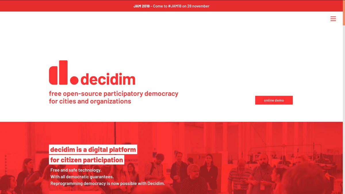 Hoy celebramos las Terceras Jornadas Anuales <a href="/metadecidim/">decidim</a> "De las redes sociales a las redes políticas". Streaming, aquí youtube.com/watch?v=P-Lg2F…; Declaración de intenciones, aquí ;) tecnopolitica.net/es/content/de-… Y recordar cuando <a href="/decidimbcn/">decidimbcn</a> era solo una intuición :___) #JAM18 #Decidim