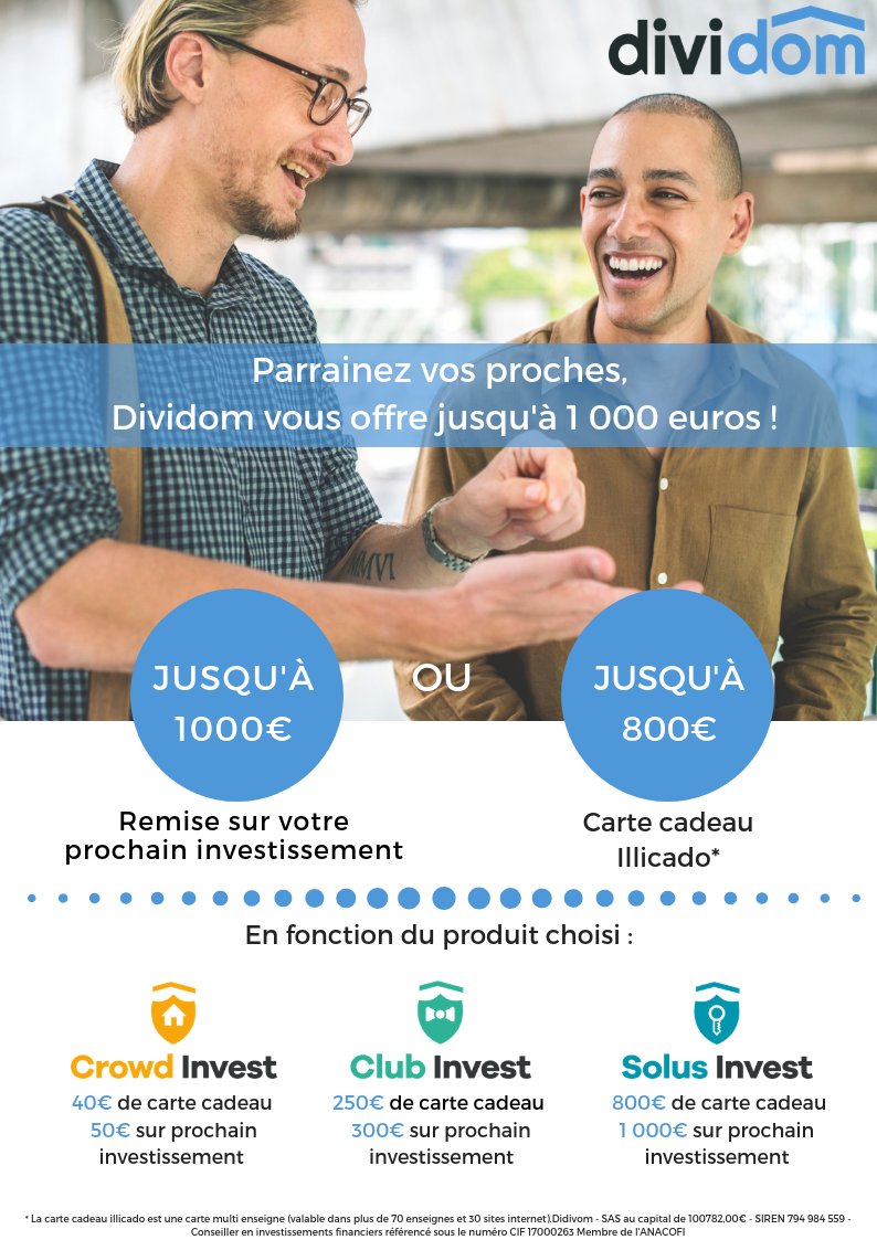 dividom_com's tweet photo. ***Offre parrainage*** 👫
.
.
>> Partagez le meilleur de l’immobilier
.
Pour vous remercier de votre fidélité… Dividom vous offre 800 € de carte cadeau ou jusqu’à 1000 € sur votre prochain investissement ! 💰
#parrainage #offre #immobilier #patrimoine #dividom https://t.co/ObxfLlqJFp