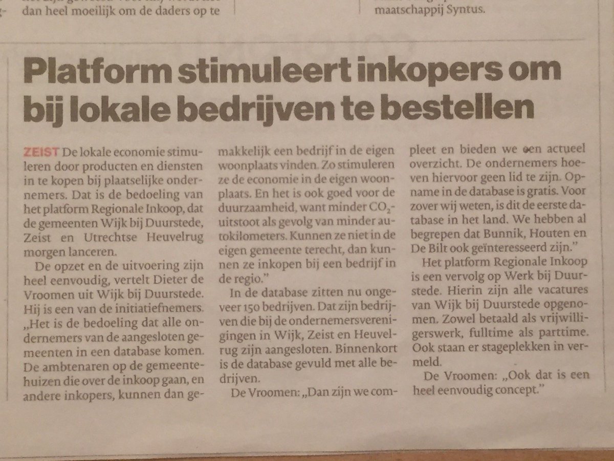 okwwbd's tweet photo. In het AD! Morgen is de lancering van het Platform Regionale Inkoop in Zeist. https://t.co/Z1NlHo7jC6