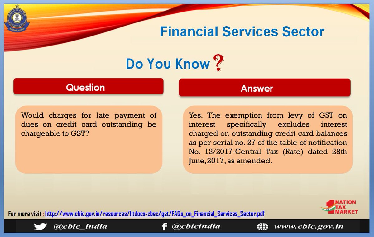 cbic_india's tweet image. Financial Services Sector 
FAQs on GST related issues of Financial Sector

#Banking #Insurance #StockBrokersSector #FAQsFinancialSector