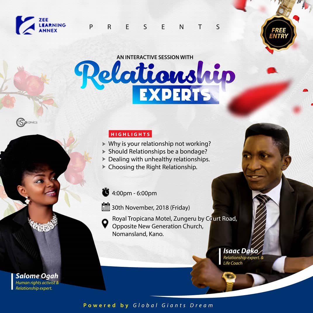 ZionObeten's tweet photo. #ZeeLearningAnnex presents again another interesting edition tagged: AN INTERACTIVE SESSION WITH RELATIONSHIP EXPERTS, @salomeconsult and @dako_isaac (Founder and Senior Pastor, New Creation Christian Centre), this Friday.
.
Come let's discuss issues that bother us relationally. https://t.co/gck8wbDeyB