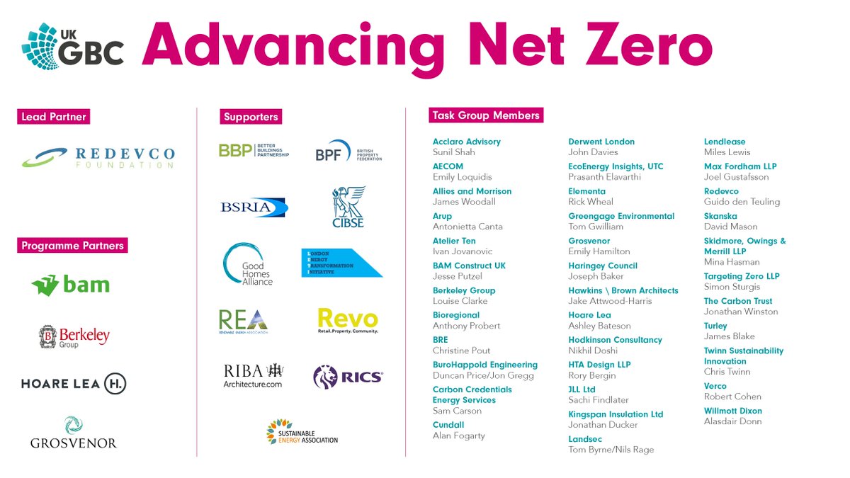Delighted to announce a major new task group to develop an industry-led definition for net zero carbon buildings as part of #AdvancingNetZero. Thanks to lead partner <a href="/Redevco/">Redevco</a> foundation &amp; partners @BAMConstructUK <a href="/BerkeleyGroupUK/">Berkeley Group</a>, @Grosvenor_GBI, <a href="/hoarelea/">Hoare Lea</a> ukgbc.org/news/ukgbc-lau…