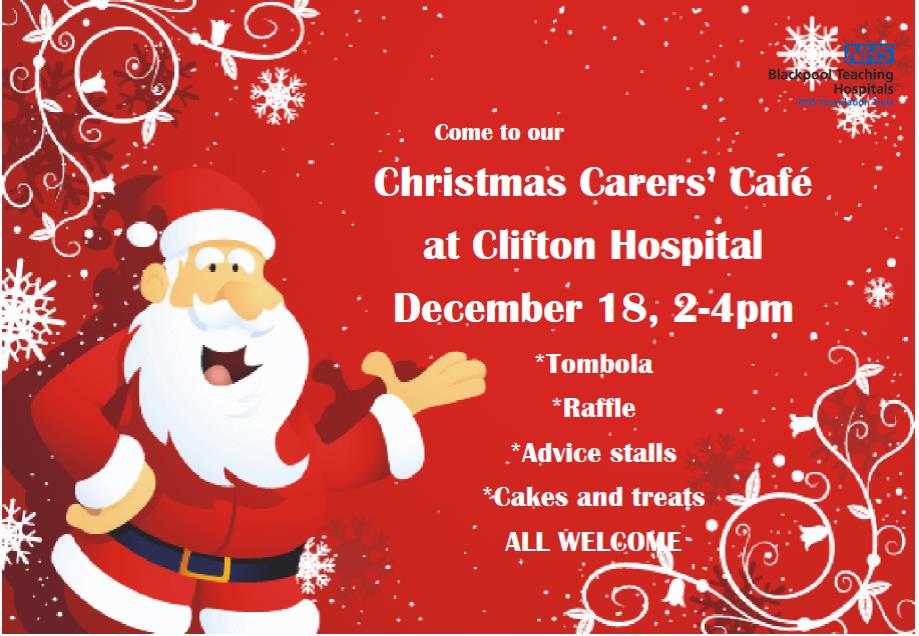 CliftonHospital's tweet photo. Join us for our festive #Christmas Carers' Cafe at Clifton Hospital on Dec 18. We will be running a tombola, raffle &amp; advice stalls will be available to answer any questions you may have around being a carer or Alzheimer's/dementia. As usual, cakes and refreshments available https://t.co/7gPMR1iWd3