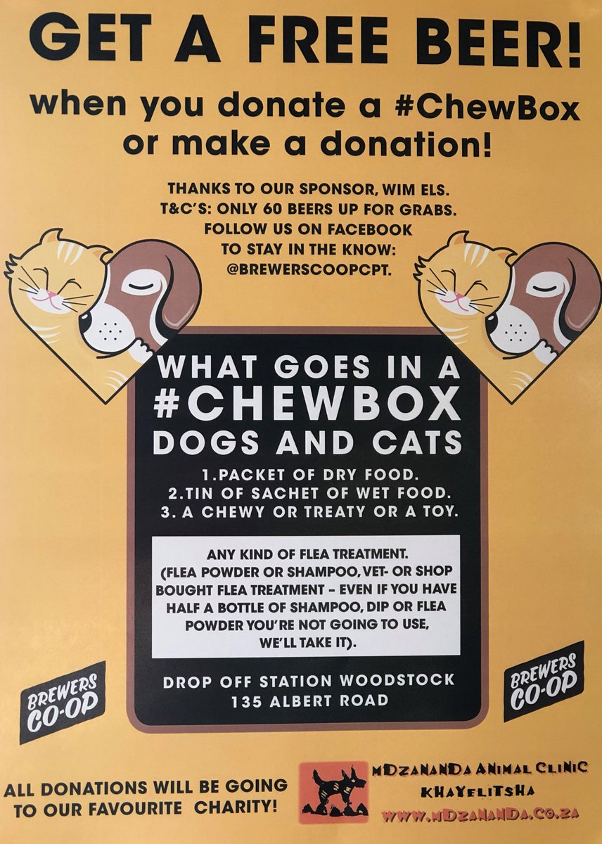 EwaldBotha's tweet photo. Great local event #ChewBox in support of the Ndzananda Animal Clinic in #Khayelitsha - first 60 donations get a nice reward. Drop off a #ChewBox at Brewers Co-Op in Woodstock - see pic for details. https://t.co/KOEOgp0SxU