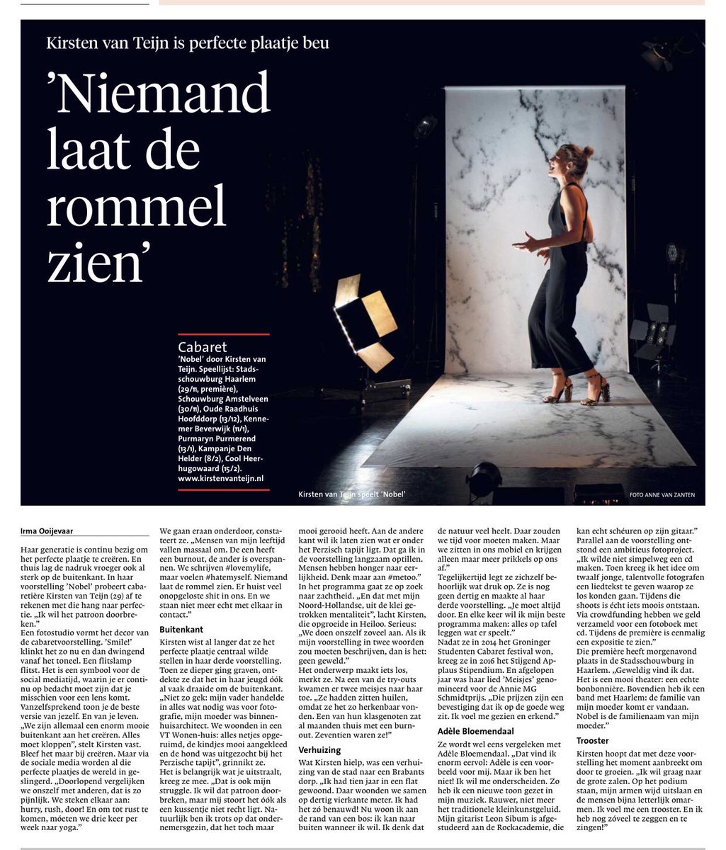 Een groot interview in het Noordhollands Dagblad met een prachtige foto van <a href="/annevanzantwijk/">Anne van Zantwijk</a>! Over perfecte plaatjes, shit onder Perzische tapijten, onze nieuwe sound &amp; het fotografieproject. Morgen première @ Schouwburg Haarlem! #NOBEL #erzijnnogeenpaarkaartjes <a href="/theater_haarlem/">Stadsschouwburg & Philharmonie Haarlem</a>