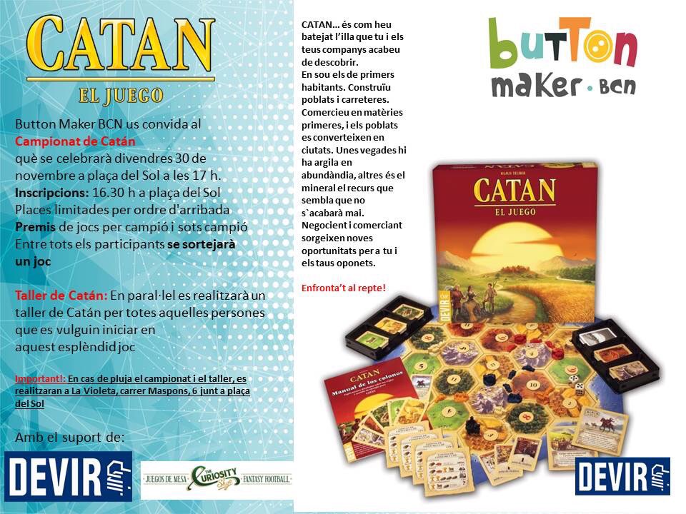 Aquest divendres, a partir de les 16:30 h, Campionat de Catan a la plaça del Sol. Participes? 
#JocsdeTardor <a href="/Bcn_Gracia/">BCN Gràcia</a> <a href="/T_CuriosityShop/">The Curiosity Shop</a> <a href="/DevirIberia/">Devir Iberia</a> 

devir.es/categoria/jueg…
thecuriosityshop.es