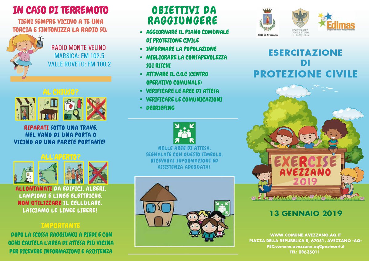 ComuneAvezzano's tweet photo. Dietro le quinte di #Exercise2019: ecco la brochure che riceveranno i bimbi delle scuole primarie del @ComuneAvezzano, dove potranno leggere come comportarsi in caso di #terremoto e quali sono le aree di attesa del piano di #emergenza per ricevere #informazioni e #assistenza. https://t.co/FoimLAAGzI