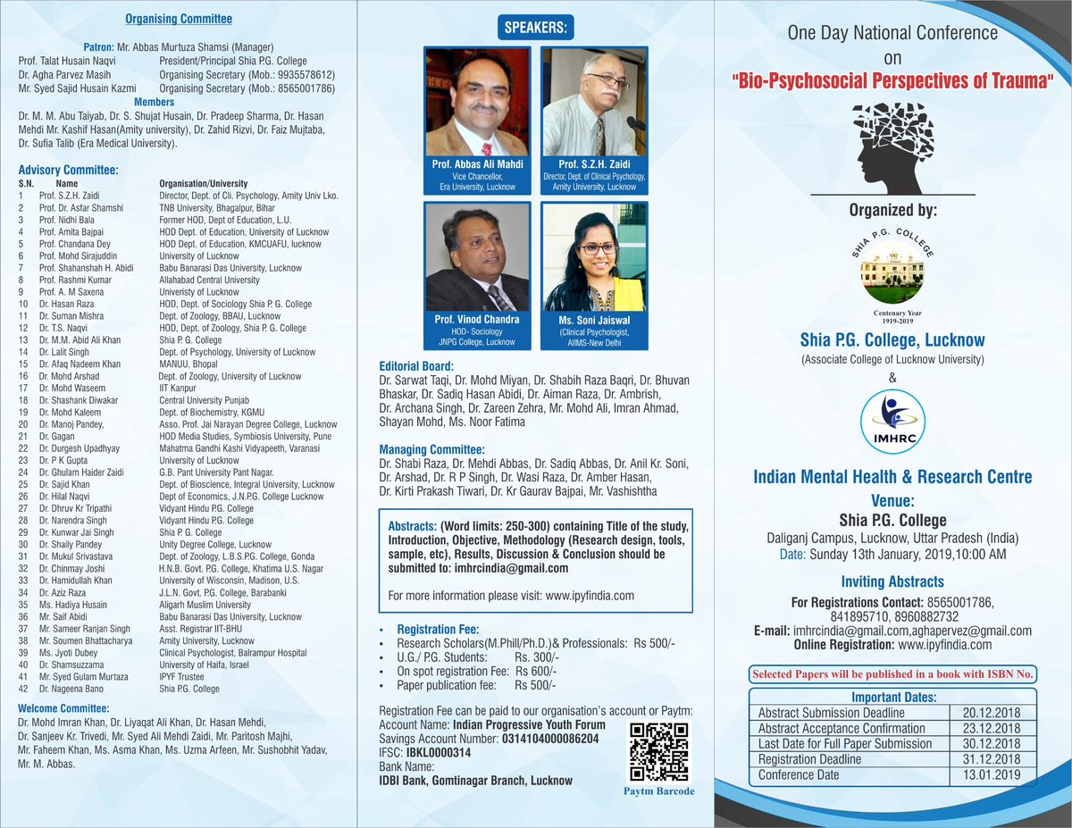 IMHRCIndia's tweet photo. National Conference on Biopsychosocial Perspectives of Trauma at Lucknow.
#Trauma #Conference #India #mentalhealth #MentalHealthMatters #resilience #Health https://t.co/perrzlnzB3