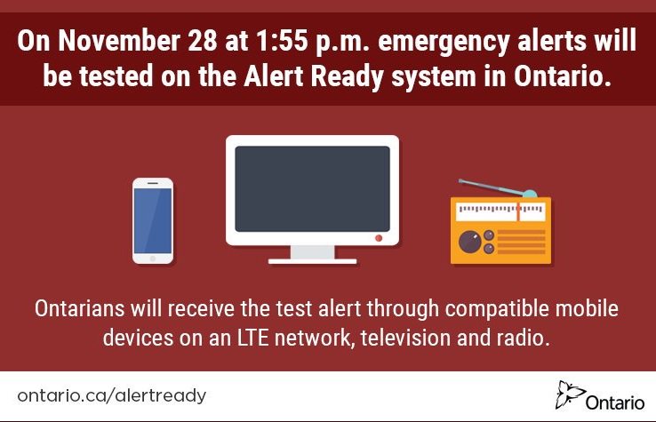 Reminder that at 1:55 PM today the Alert Ready system will be tested