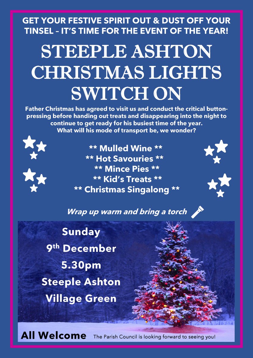 St_Ash_PC's tweet photo. Christmas Lights Switch On - Sunday 9th December at 5.30pm. Christmas Nibbles and mulled wine, a singalong and a visit from Father Christmas. Who's in?! #Christmas #ChristmasIsComing #VillageLife #ChristmasLights https://t.co/iXN5X0rn0c