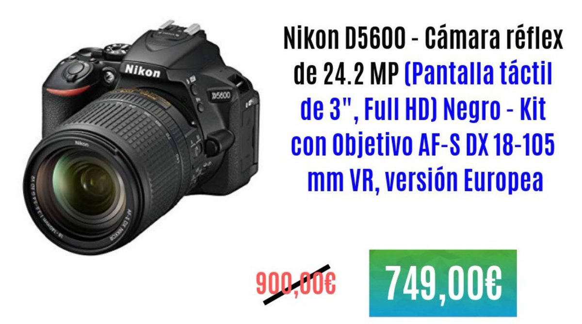 CholloPrecio's tweet photo. Nikon D5600 - Cámara réflex de 24.2 MP (Pantalla táctil de 3", Full HD) Negro - Kit con Objetivo AF-S DX 18-105 mm VR, versión Europea Alcance de temperatura operativa: 0 - 40 °C 
Por solo: 749,00€ (PVP: 900,00€) 👉🏼 Enlace del chollo: https://t.co/lgaujExY9m

#camara #amazon https://t.co/jmtAdBblPC