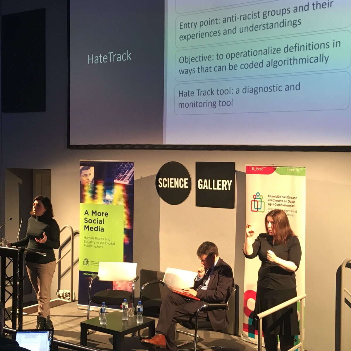 DeirdreQuinn7's tweet photo. @eugeniasiapera speaking about how civil society groups are positioned in relation to hate speech at launch of #AMoreSocialMedia report on work done by her team @DublinCityUni on #hatetrack project cofounded by @_IHREC and @IrishResearch https://t.co/JbzWHwlKPg