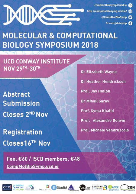 sysbioire's tweet photo. Looking forward to the Molecular &amp; Computational Biology Symposium Thurs &amp; Fri in @UCD_Conway! Great speaker line up including #DrElizabethWayne @MihailSarov @DrHHNZ @jay_salsa @ProfSyK  @amjjbonvin and @mvendruscolo14. Should be a brilliant two days. @CompMolBioSymp #MCBS2018 https://t.co/jzRXzO0f20