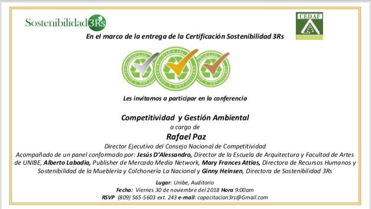 raudord's tweet photo. Extendemos la invitación a la conferencia <Competitividad y Gestión Ambiental> a cargo del Sr. Rafael Paz. Viernes 30 de noviembre a las 9 am en el Auditorio de @unibeenlinea. Invitan @cedaf_rd  @sostenibilidad3rs https://t.co/W5x06oHktV