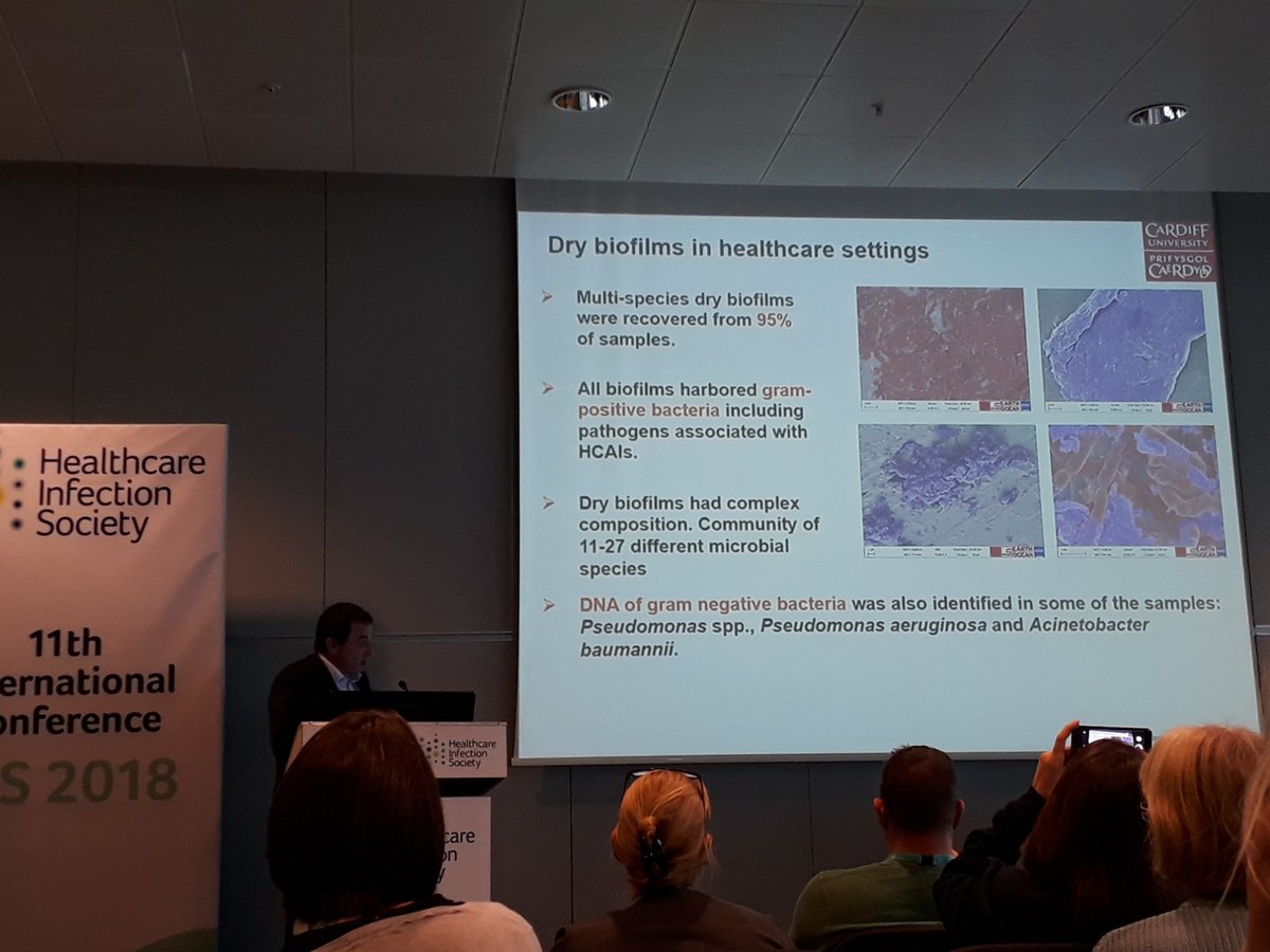 PseudoClo's tweet photo. Jean-Yves Maillard presenting dry-biofilm investigations-dry surfaces, undetectable by usual swab-culuturing methods #HIS18  #biofilms #surfacecontamination https://t.co/KWAiWwMk4u