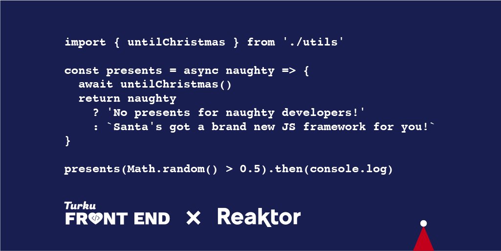 ReaktorNow's tweet photo. Ahoy, Turku! We're hosting a Turku <3 Frontend meetup on December 12 at 6 p.m. We promise you excellent talks, brilliant people, and an awesome atmosphere. Come join us – there are still some seats left!

Registration: https://t.co/lRzuiU3XOL https://t.co/sZSxox8NU8