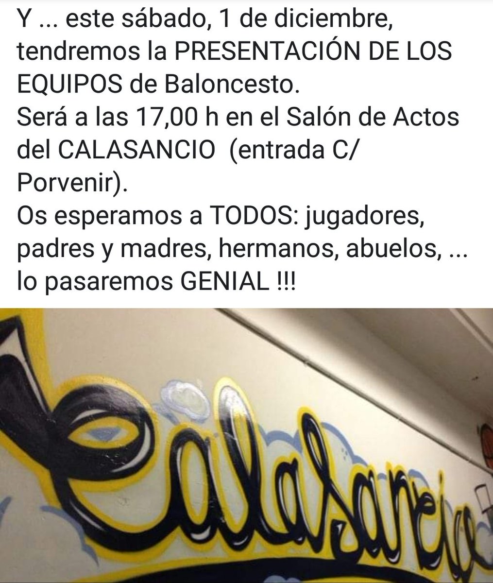 ADCalasancio's tweet photo. Este sábado, 1 de diciembre, a las 17,00 h en el Salón de Actos del Calasancio: PRESENTACION DE EQUIPOS. No puedes faltar, TE ESPERAMOS !!! https://t.co/MWuRAMnRYR