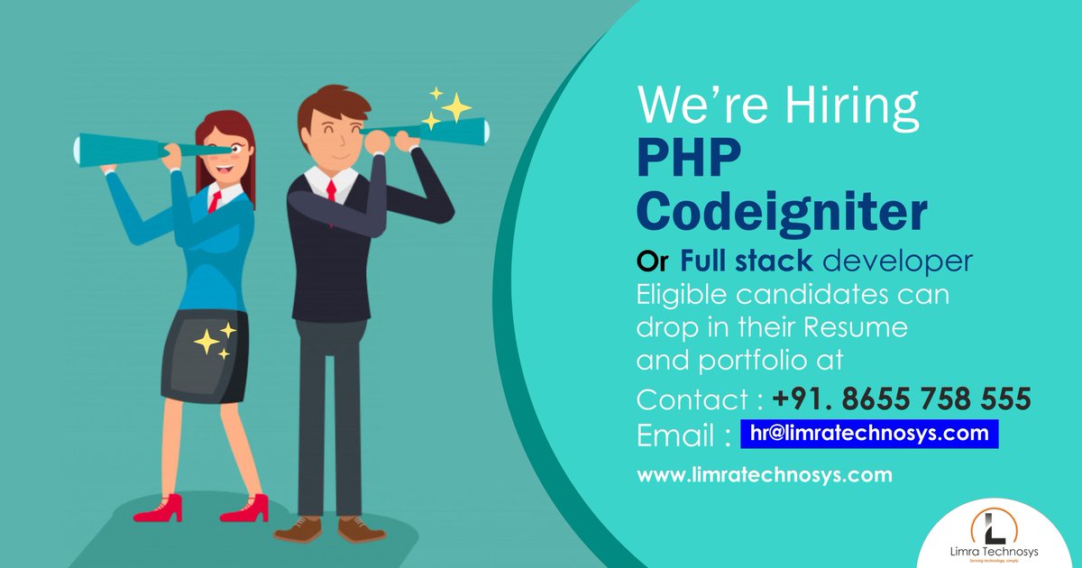 limratecnosys's tweet image. Limra Technosys Pvt Ltd is hiring PHP Codeigniter. Interested candidates can drop in their resume at - hr@limratechnosys.com #PHPCodeigniter #Hiring
For more information, Visit - bit.ly/2qW4LP7