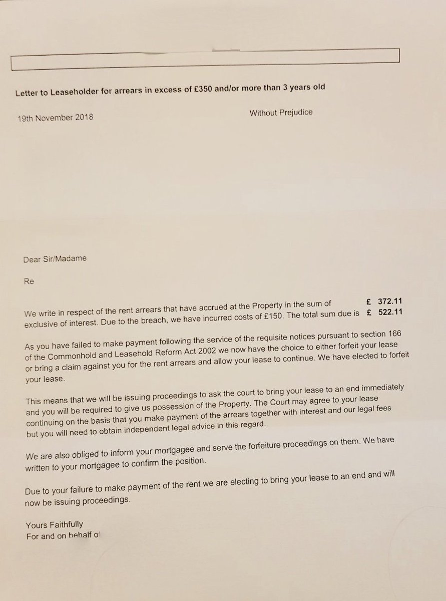 Freeholders claim they're custodians of the building and essential to manage the block, we should be grateful they say. This is the reality bullying a leaseholder with forfeiture of their home over a £372 debt. This is why leasehold has no place in the 21st century #thisisnot1066