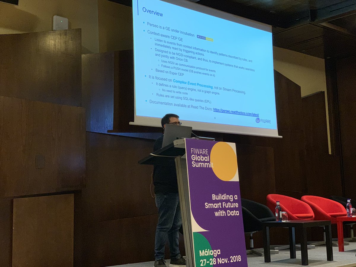 HSundmaeker's tweet photo. Complex Event Processing using #PERSEO in combination with @FIWARE #OrionContextBroker - @ficodes is actively contributing to the @Telefonica Perseo #OpenSource implementation @FranDLVega #FIWARESummit https://t.co/sF3jUfkEkM