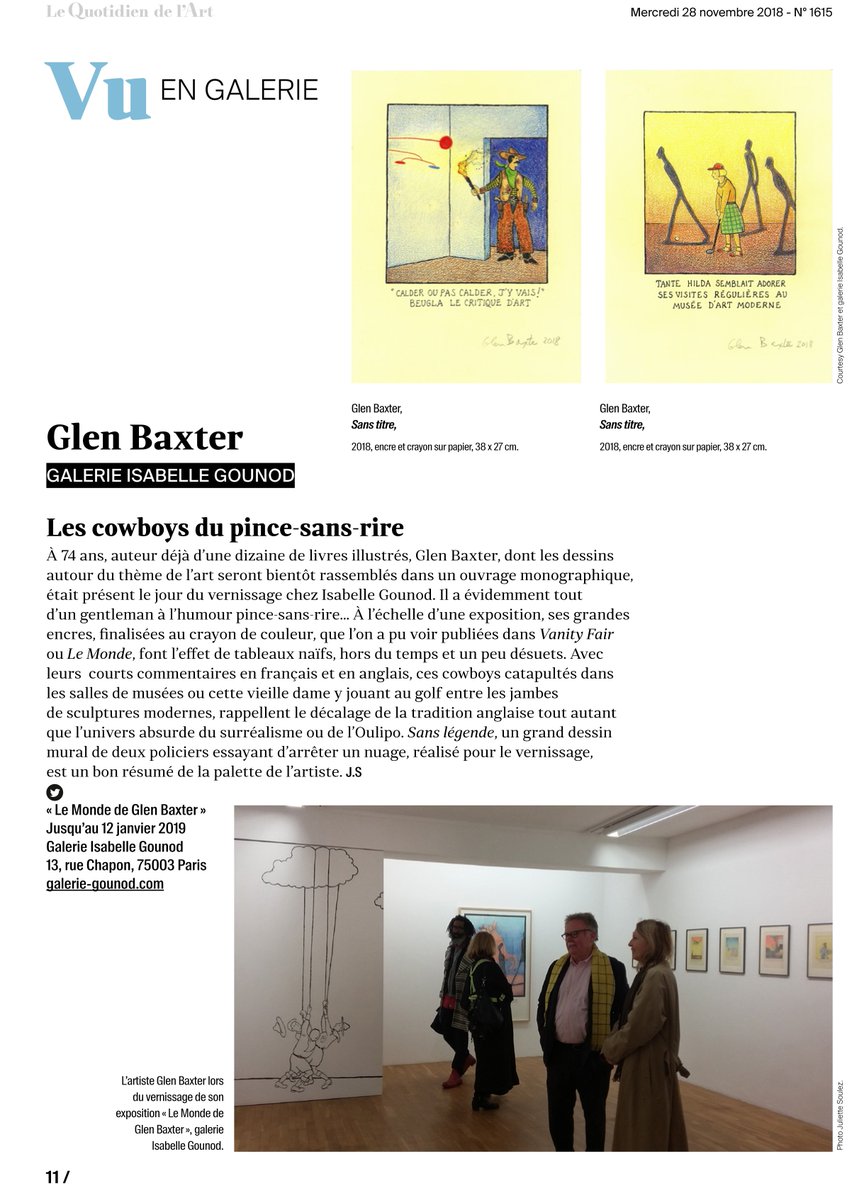 GIsabelleGounod's tweet photo. This morning in #Quotidiendelart ... Glen Baxter's new solo show is running until January 12th 2019 ! https://t.co/wfb2O6a5xA https://t.co/ZPkDLy4JRT