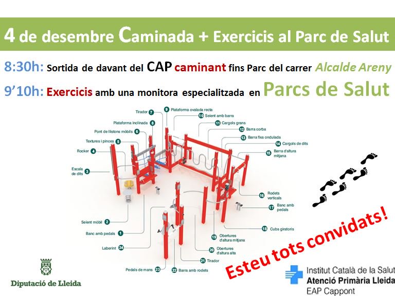 El proper 4 de desembre, el #CAPCappont, juntament amb el #CAPPrimer deMaig i la <a href="/DiputacioLleida/">Diputació de Lleida</a> faran una caminada i exercicis al Parc de Salut d'Alcalde Areny. 
Desitgem que ho passeu molt bé. <a href="/apicslleida/">AP ICS Lleida</a>