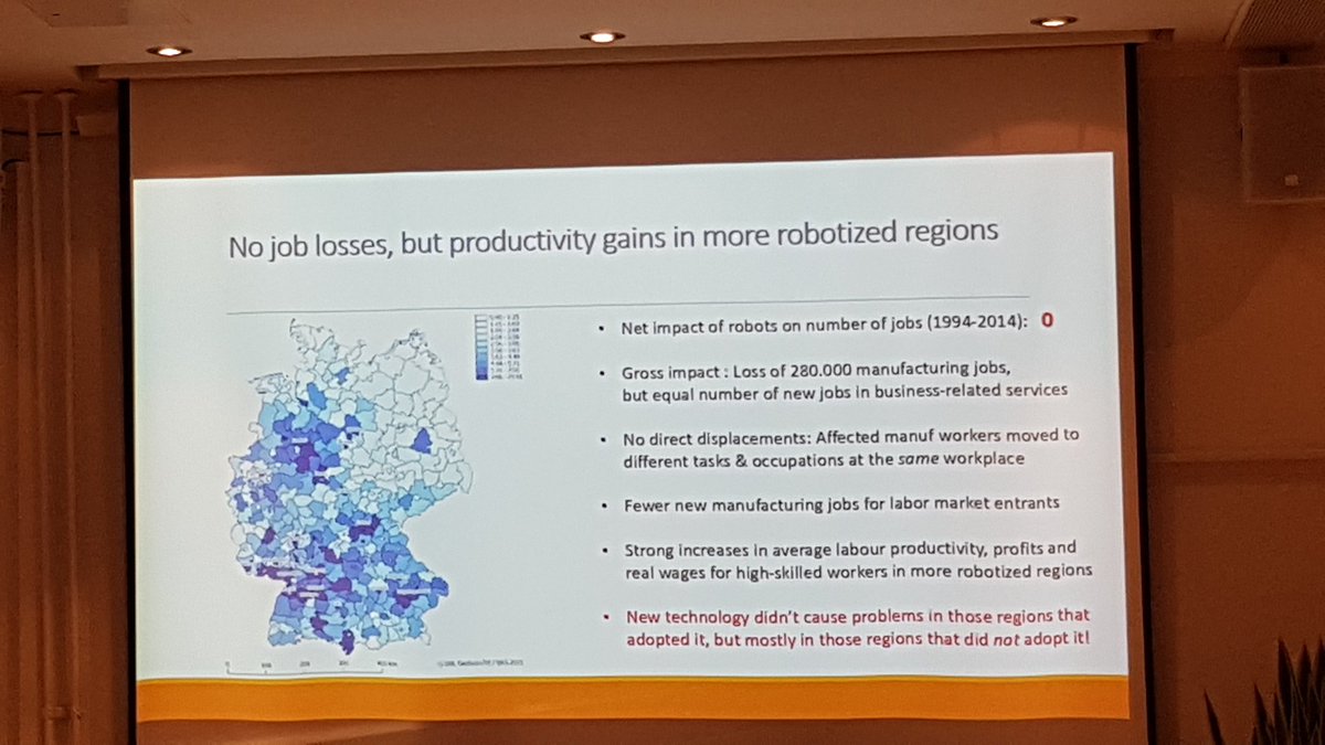 tiinatwit's tweet photo. Germany is clearly the most robotized country in Europe. No job losses, but productivity gains! Jens Sudekum @ #alue18 https://t.co/LTMalRLOO3