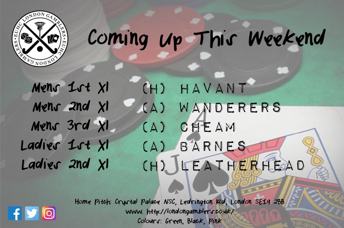 This weekend we entertain <a href="/HavantHC/">Havant Hockey Club</a> &amp; <a href="/LeatherheadHC/">Leatherhead Hockey</a>, whilst our teams travel to <a href="/WanderersHC/">Battersea Wanderers</a> <a href="/CheamHC/">Cheam Hockey Club</a> &amp; <a href="/Barnes_Hockey/">Barnes Hockey Club</a> 
#HockeyFamily #LondonHockey