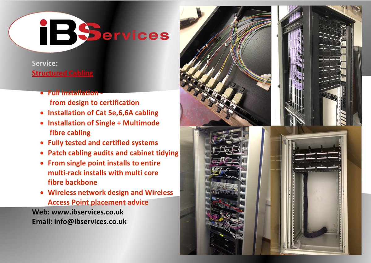 We can provide all levels of Structured Data cabling, from moving existing points to cabinet change outs and full new installations. 
For more info get in touch.
ibservices.co.uk