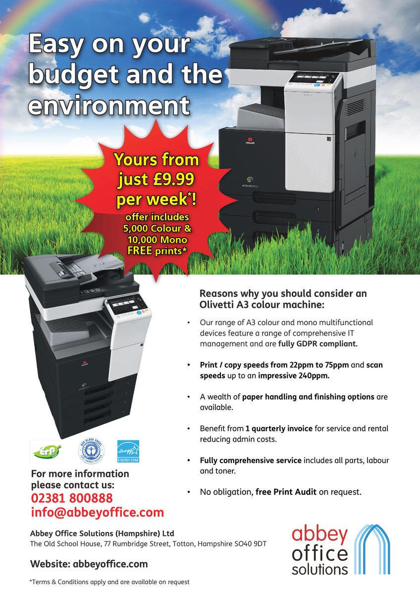 AbbeyOfficeSol's tweet photo. We are running a promotion on our Olivetti A3 colour machines that will run until the end of January. Act now to take advantage of the free copies. https://t.co/eOau5VuEor